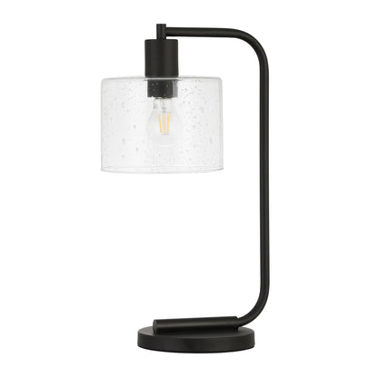 Lampe de table arquée en métal noir de 20 po avec abat-jour tambour à graines transparent