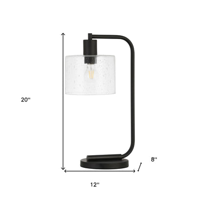 Lampe de table arquée en métal noir de 20 po avec abat-jour tambour à graines transparent