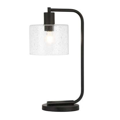 Lampe de table arquée en métal noir de 20 po avec abat-jour tambour à graines transparent