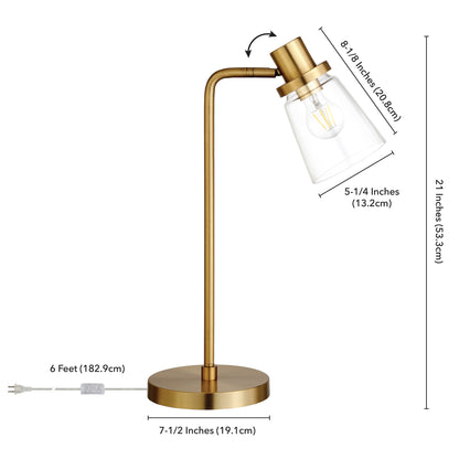 Lampe de table arquée en métal et laiton de 21 po avec abat-jour conique transparent