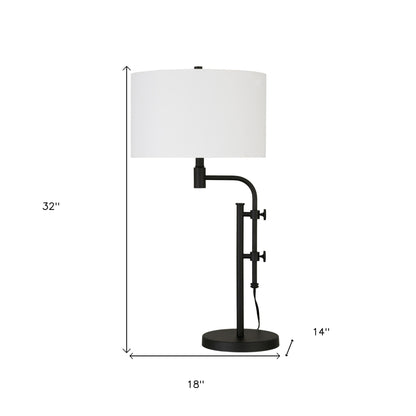 32" Black Metal Adjustable Table Lamp With White Drum Shade