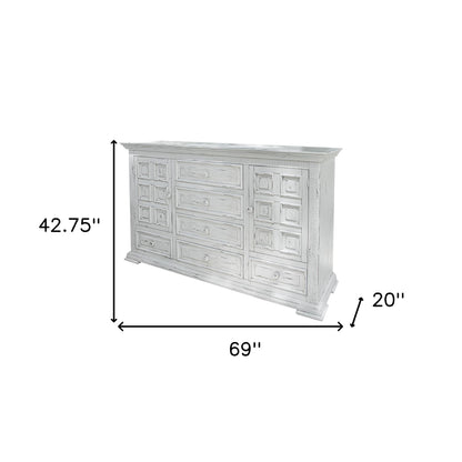 Commode triple à six tiroirs en bois massif blanc de 69 po