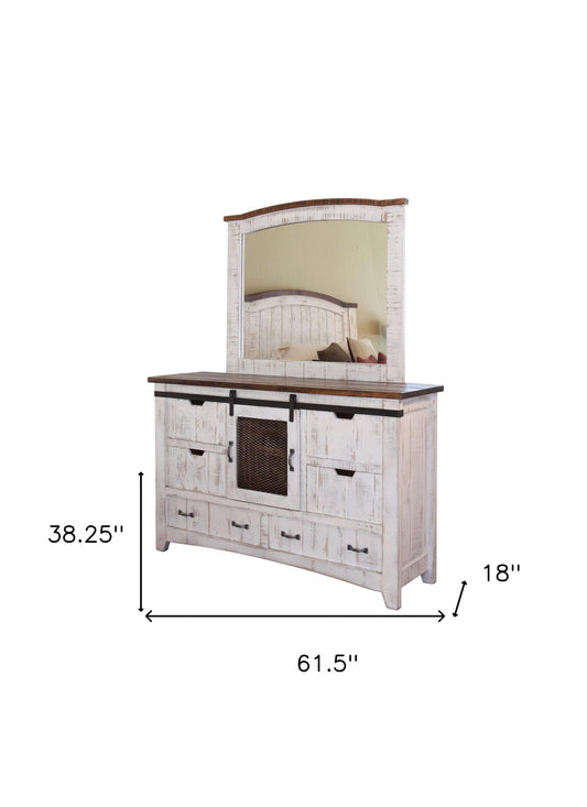 Commode triple à six tiroirs en bois massif blanc vieilli de 62 po