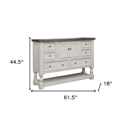 Commode triple à six tiroirs en bois massif gris et ivoire de 62 po