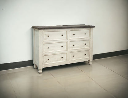 Commode double à six tiroirs en bois massif gris et ivoire de 62 po