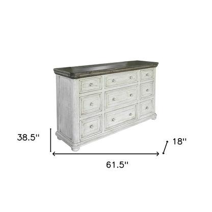 Commode triple à neuf tiroirs en bois massif gris et ivoire de 62 po