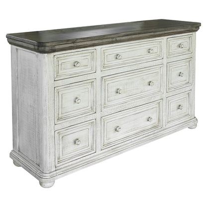 Commode triple à neuf tiroirs en bois massif gris et ivoire de 62 po