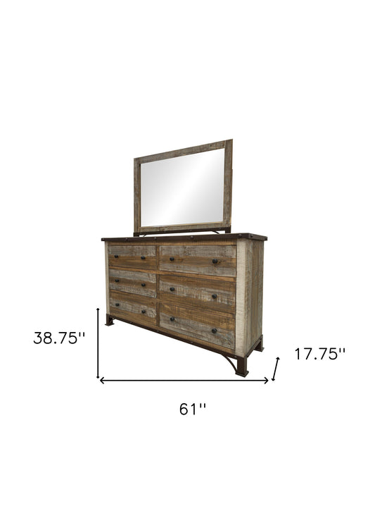 Commode double à six tiroirs en bois massif brun de 61 po