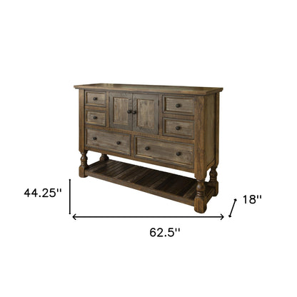 Commode triple à six tiroirs en bois massif brun de 63 po