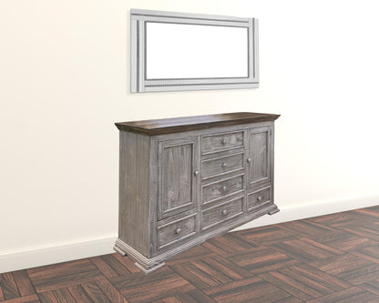 Commode triple à six tiroirs en bois massif gris de 69 po