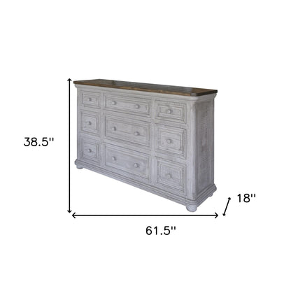 Commode triple à neuf tiroirs en bois massif gris de 62 po