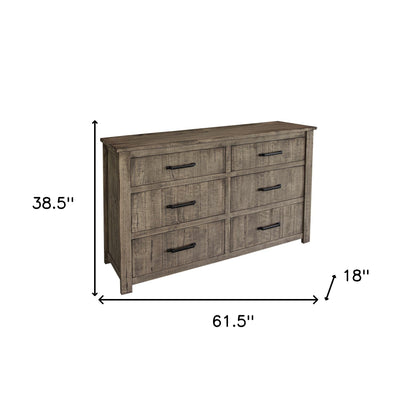 Commode double à six tiroirs en bois massif brun de 62 po