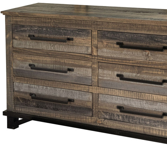 Commode double à six tiroirs en bois massif brun de 56 po