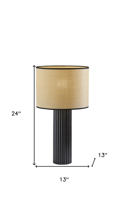 24" Black Ceramic Cylinder Table Lamp With Beige Drum Shade