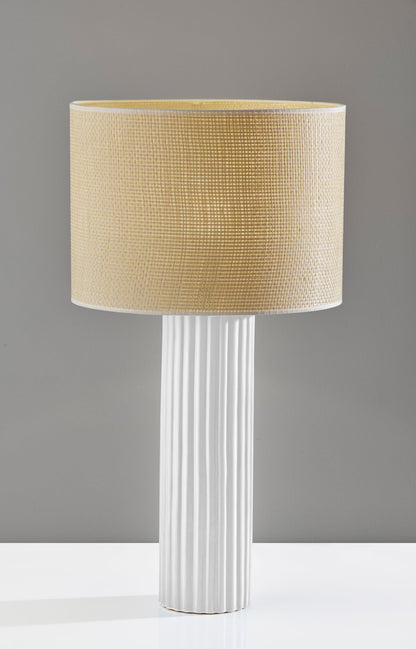 29" White Ceramic Cylinder Table Lamp With Beige Drum Shade