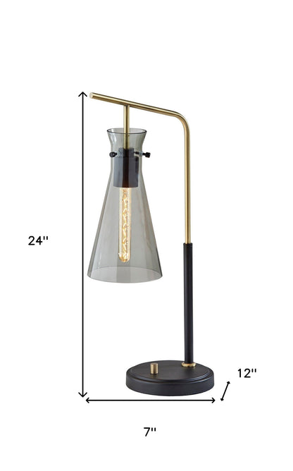 Lampe de bureau en métal noir et doré de 24 po avec abat-jour conique gris clair