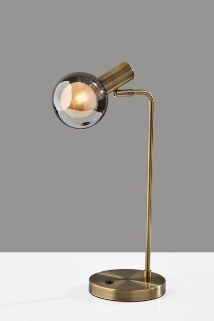 18" Antiqued Brass Metal Cylinder Desk Table Lamp With Gray Globe Shade With Starling LED Bulb