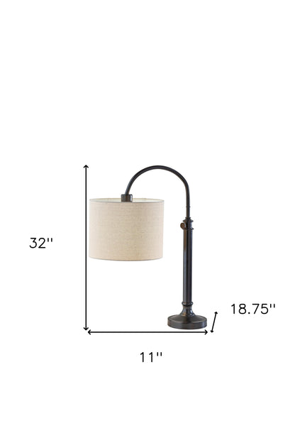 32" Black Metal Adjustable Arched Lamp With Beige Drum Shade