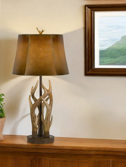 33" Brown Antlers Table Lamp With Brown Drum Shade