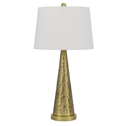 27" Antiqued Brass Metal Geometric Table Lamp With White Empire Shade