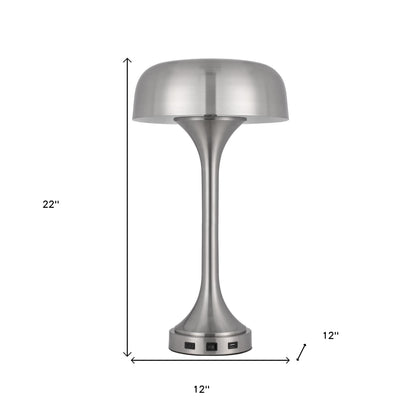 22" Nickel Metal Two Light Usb Table Lamp With Nickel Dome Shade