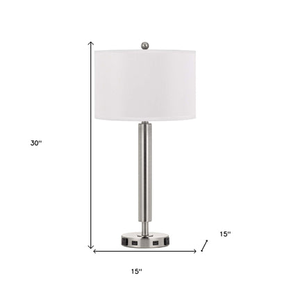 30" Nickel Metal Cylinder USB Table Lamp With White Drum Shade