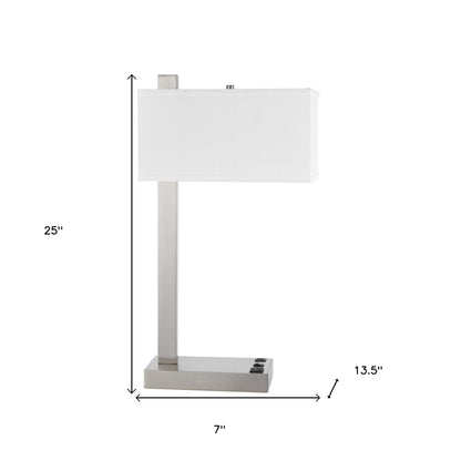 25" Nickel Metal Desk USB Table Lamp With White Shade