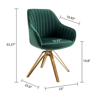 Fauteuil pivotant en velours vert et doré de 23 po