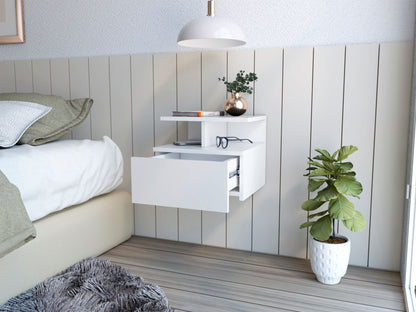 Table de chevet flottante en faux bois blanc à un tiroir de 12 po