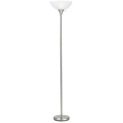 70" Nickel Torchiere Floor Lamp With White Frosted Glass Dome Shade