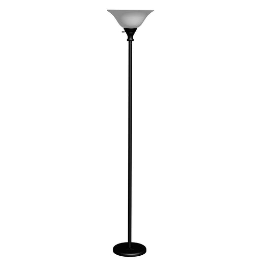 71" Black Torchiere Floor Lamp With Black Glass Dome Shade