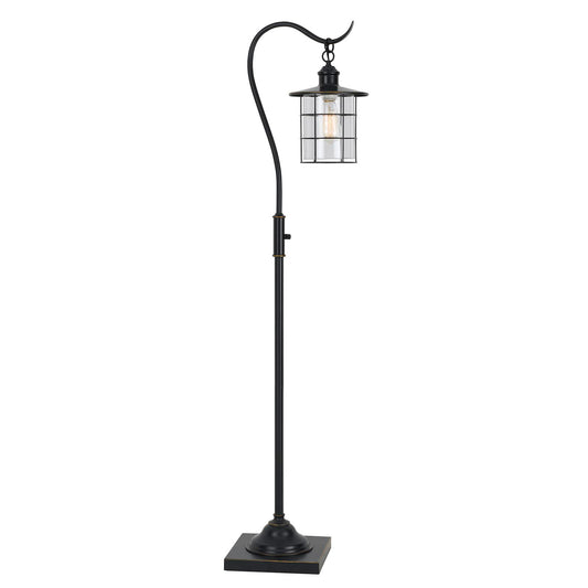 60" Antiqued Bronze Lantern Style Floor Lamp With Glass and Metal Shade