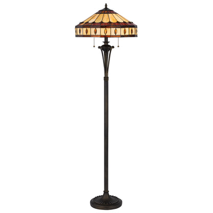 61" Bronze Two Light Traditional Shaped Floor Lamp With Purple and Ivory Abstract Tiffany Glass Empire Shade