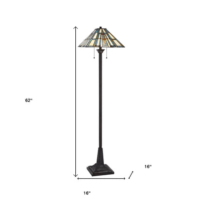 62" Bronze Two Light Traditional Shaped Floor Lamp With Gray and Ivory Abstract Tiffany Glass Empire Shade