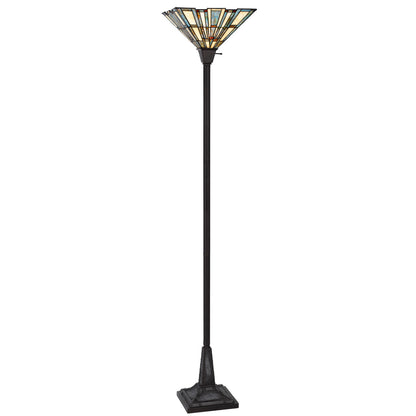 72" Bronze Torchiere Floor Lamp With Gray and Ivory Abstract Tiffany Glass Novelty Shade