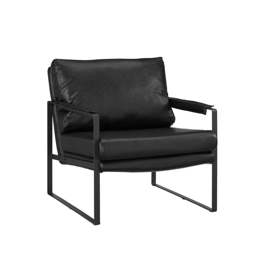 Chaise à accoudoirs en similicuir noir et métal de 27 po