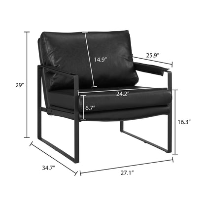 Chaise à accoudoirs en similicuir noir et métal de 27 po