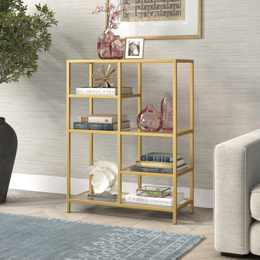 42" Brass Steel and Glass Five Tier Double Bookcase