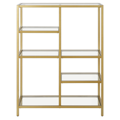 42" Brass Steel and Glass Five Tier Double Bookcase