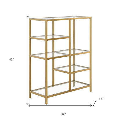 42" Brass Steel and Glass Five Tier Double Bookcase