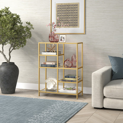 42" Brass Steel and Glass Five Tier Double Bookcase