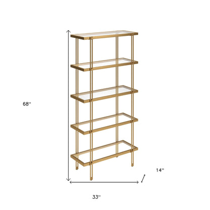 68" Gold Metal And Glass Five Tier Standard Bookcase