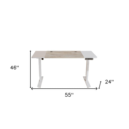 Bureau d'ordinateur réglable blanc et naturel de 55 po