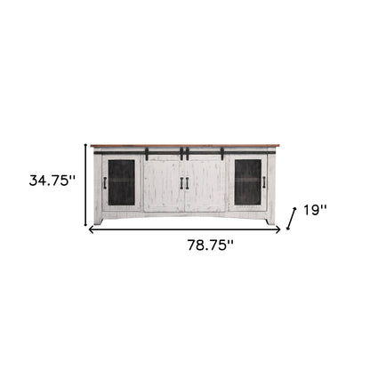 79" White Solid Wood Cabinet Enclosed Storage Distressed TV Stand