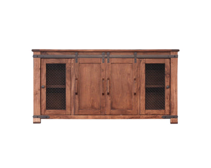 70" Brown Solid Wood Cabinet Enclosed Storage Distressed TV Stand