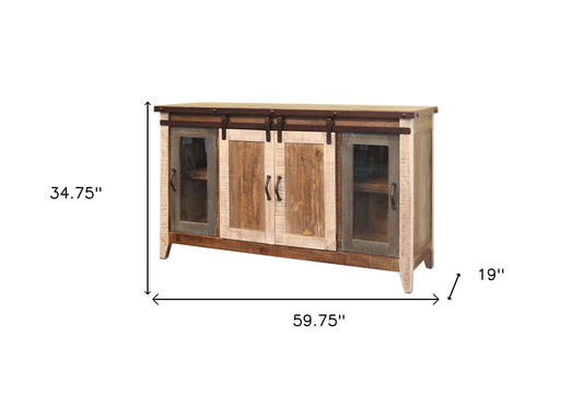 60" Brown Solid Wood Cabinet Enclosed Storage Distressed TV Stand