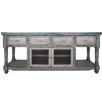 70" Blue and White Solid Wood Open shelving Distressed TV Stand