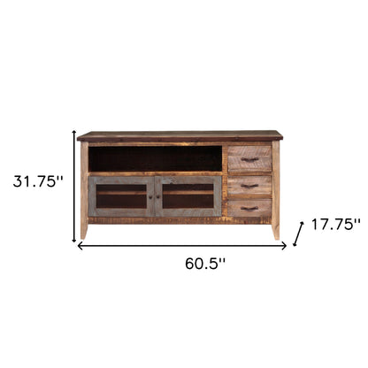 Meuble TV en bois massif brun de 61 po avec rangement fermé et aspect vieilli