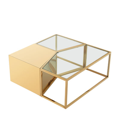 Ensemble de trois tables basses carrées en verre transparent et doré et en acier inoxydable de 37 po avec miroir