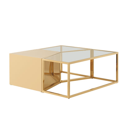 Ensemble de trois tables basses carrées en verre transparent et doré et en acier inoxydable de 37 po avec miroir